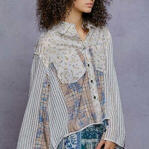 POL Patchwork Floral Plaid Lace Crochet Button Down Boho Top SZ S-M-L